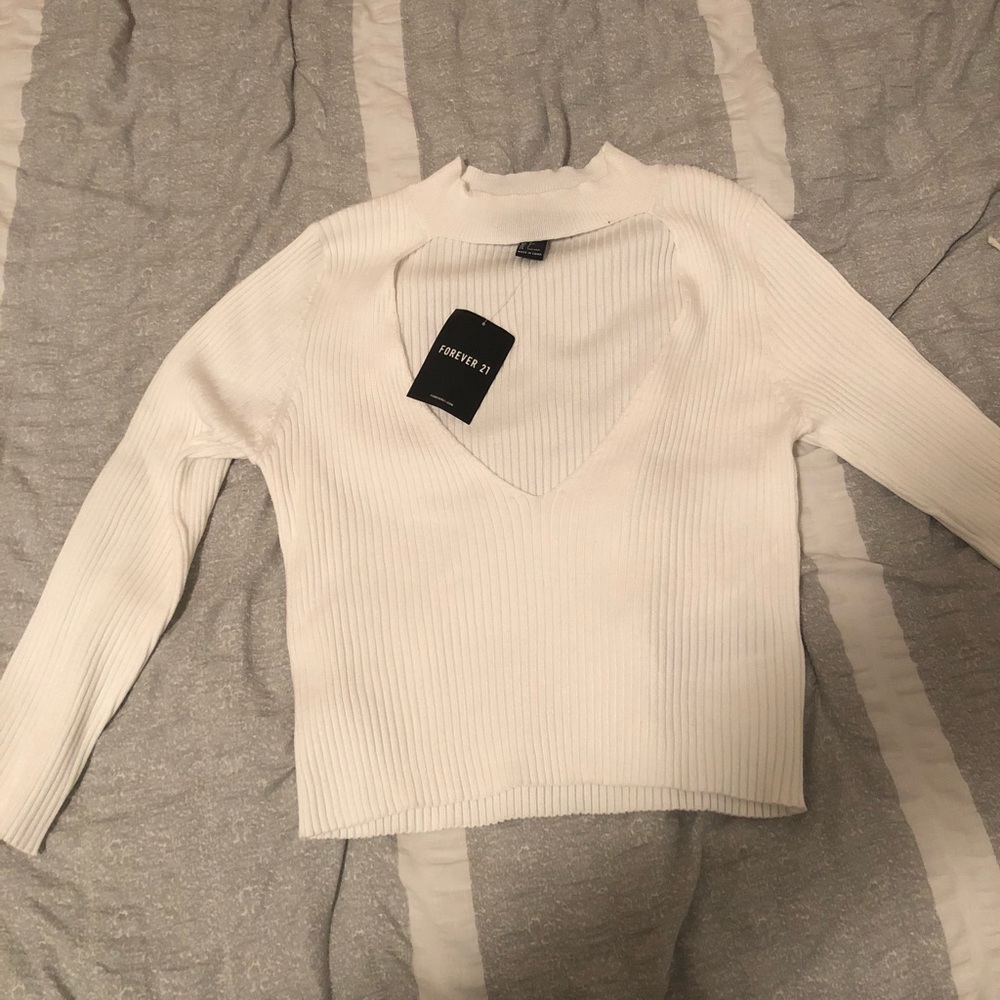 White V Cutout Neck Sweater